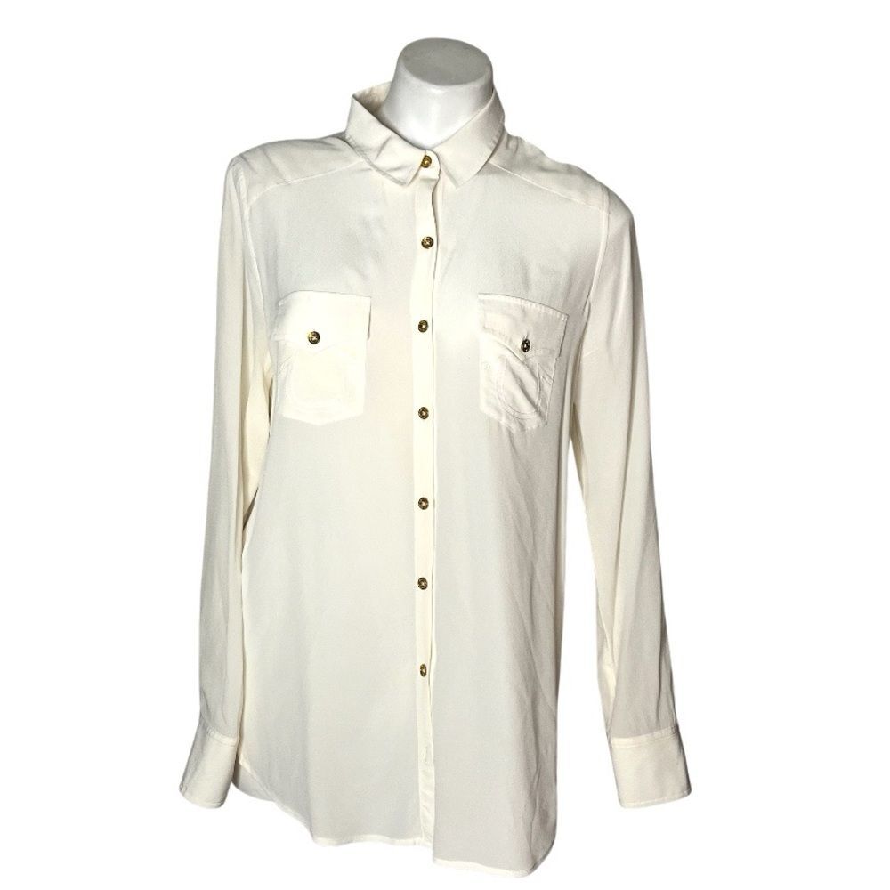 TRUE RELIGION Blouse Shirt Ivory Cream Color Gold Tone Buttons Womens Medium